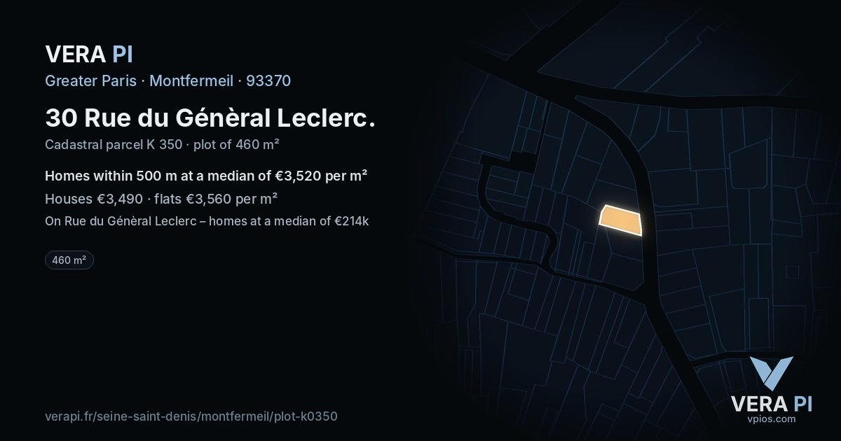 30 Rue du Génèral Leclerc, Montfermeil at night – the plot lit, the parcels around coloured by the prices near them
