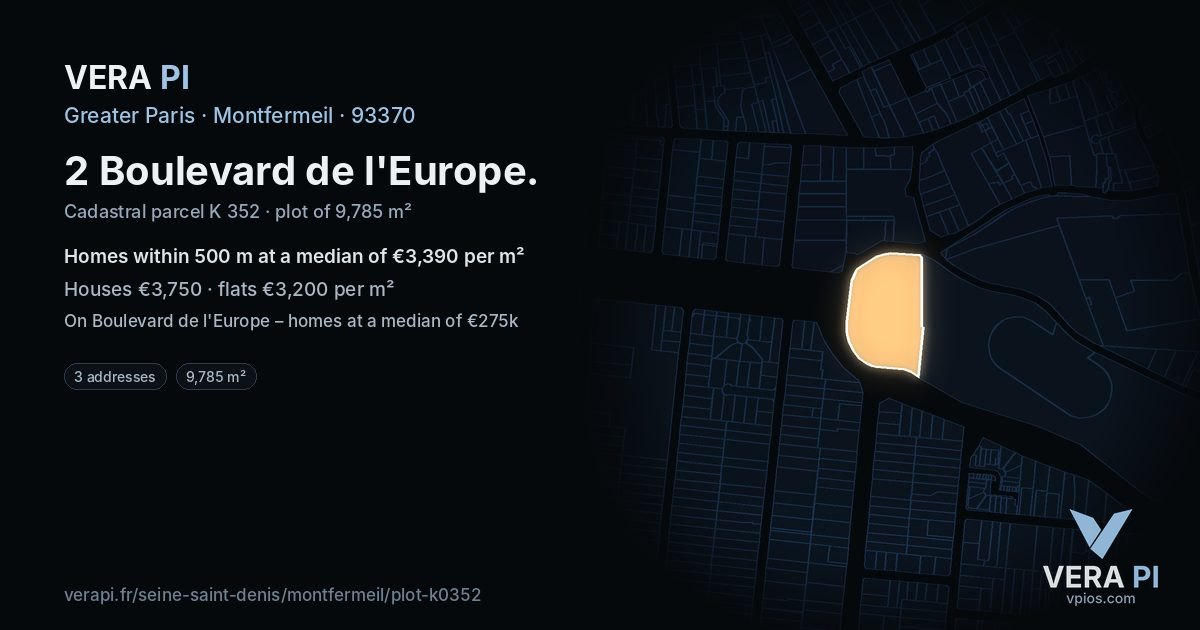 2 Boulevard de l'Europe, Montfermeil at night – the plot lit, the parcels around coloured by the prices near them