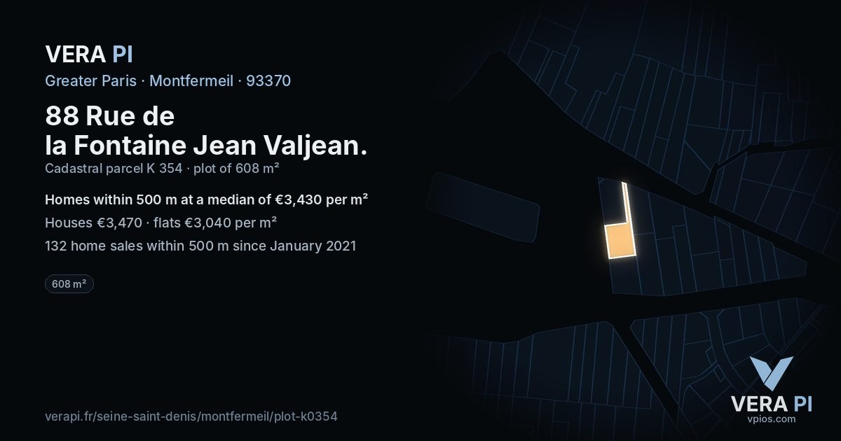 88 Rue de la Fontaine Jean Valjean, Montfermeil at night – the plot lit, the parcels around coloured by the prices near them