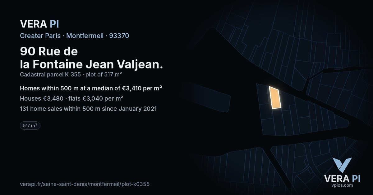 90 Rue de la Fontaine Jean Valjean, Montfermeil at night – the plot lit, the parcels around coloured by the prices near them