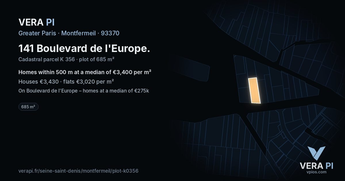 141 Boulevard de l'Europe, Montfermeil at night – the plot lit, the parcels around coloured by the prices near them