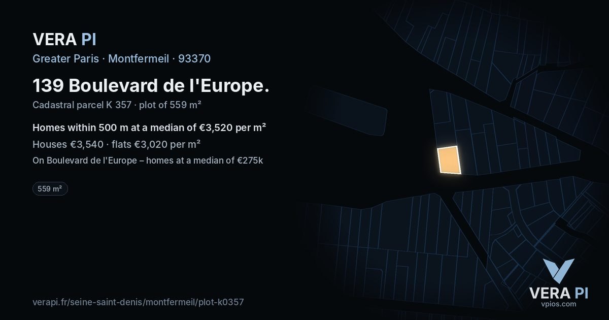 139 Boulevard de l'Europe, Montfermeil at night – the plot lit, the parcels around coloured by the prices near them