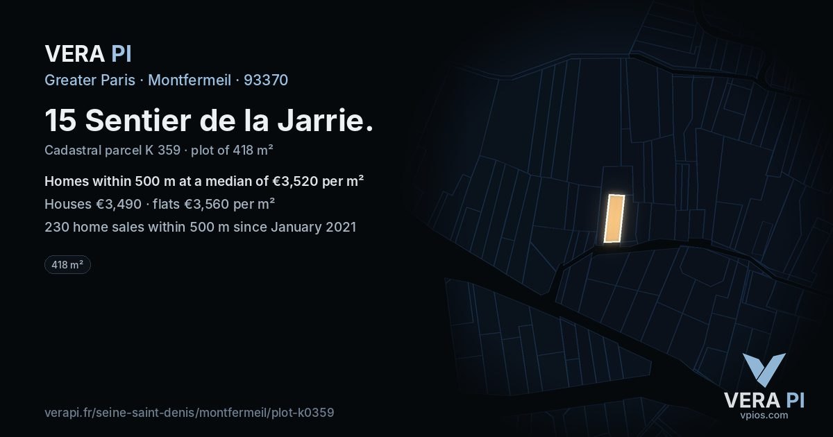 15 Sentier de la Jarrie, Montfermeil at night – the plot lit, the parcels around coloured by the prices near them