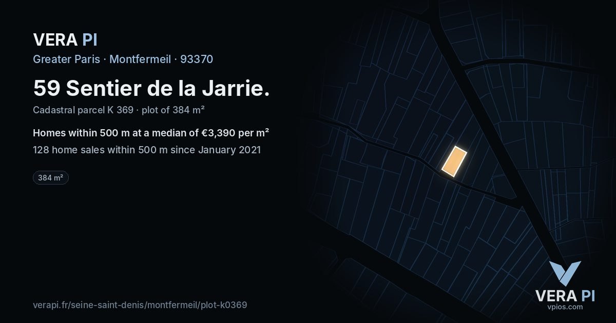 59 Sentier de la Jarrie, Montfermeil at night – the plot lit, the parcels around coloured by the prices near them