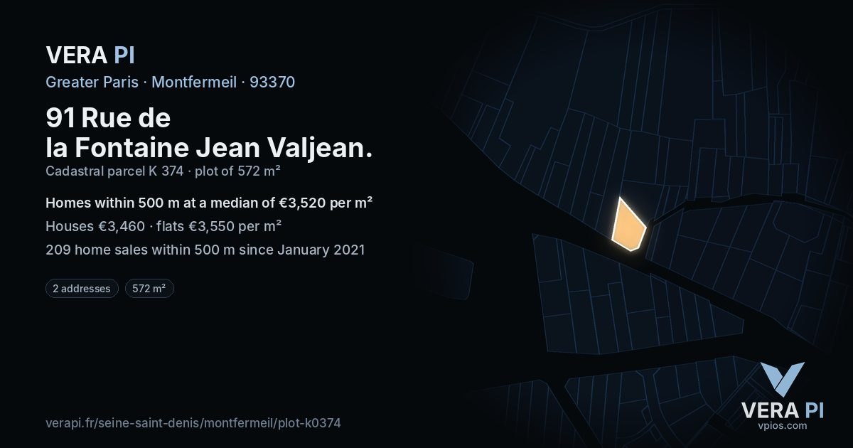 91 Rue de la Fontaine Jean Valjean, Montfermeil at night – the plot lit, the parcels around coloured by the prices near them