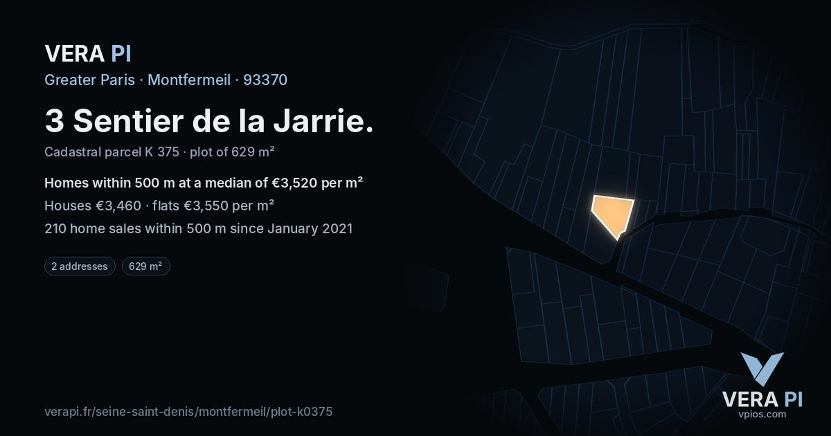 3 Sentier de la Jarrie, Montfermeil at night – the plot lit, the parcels around coloured by the prices near them