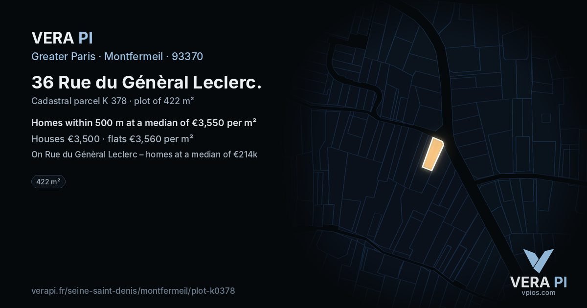 36 Rue du Génèral Leclerc, Montfermeil at night – the plot lit, the parcels around coloured by the prices near them
