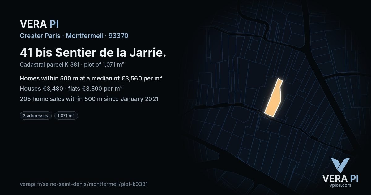 41 bis Sentier de la Jarrie, Montfermeil at night – the plot lit, the parcels around coloured by the prices near them