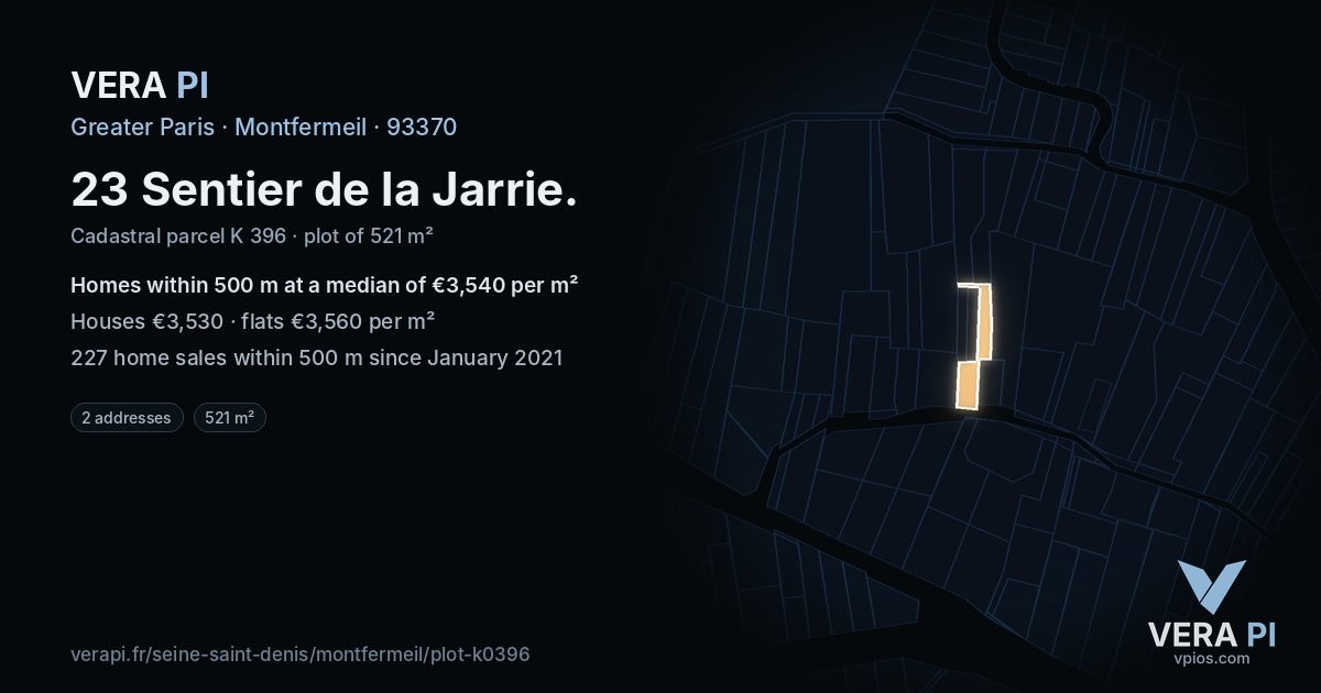 23 Sentier de la Jarrie, Montfermeil at night – the plot lit, the parcels around coloured by the prices near them