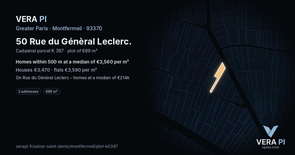 50 Rue du Génèral Leclerc, Montfermeil at night – the plot lit, the parcels around coloured by the prices near them