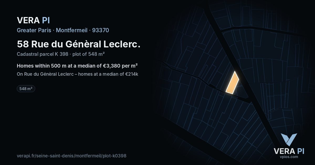 58 Rue du Génèral Leclerc, Montfermeil at night – the plot lit, the parcels around coloured by the prices near them