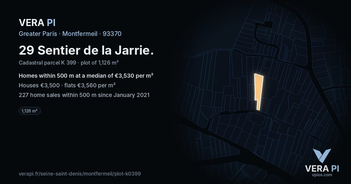 29 Sentier de la Jarrie, Montfermeil at night – the plot lit, the parcels around coloured by the prices near them