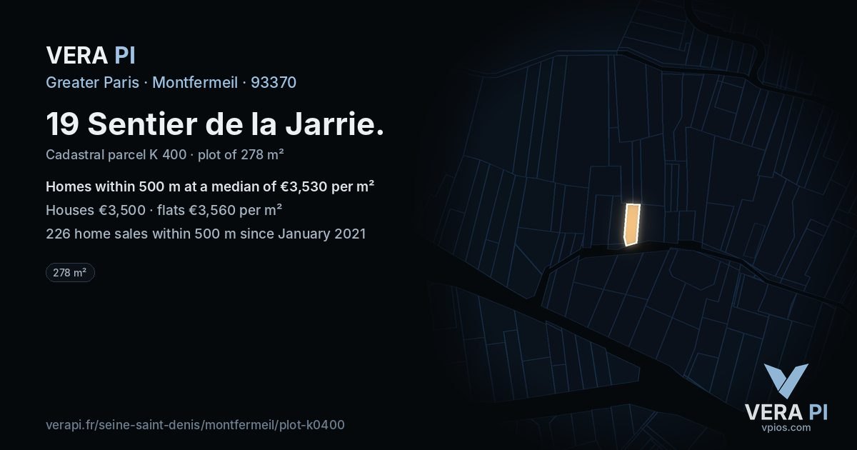 19 Sentier de la Jarrie, Montfermeil at night – the plot lit, the parcels around coloured by the prices near them