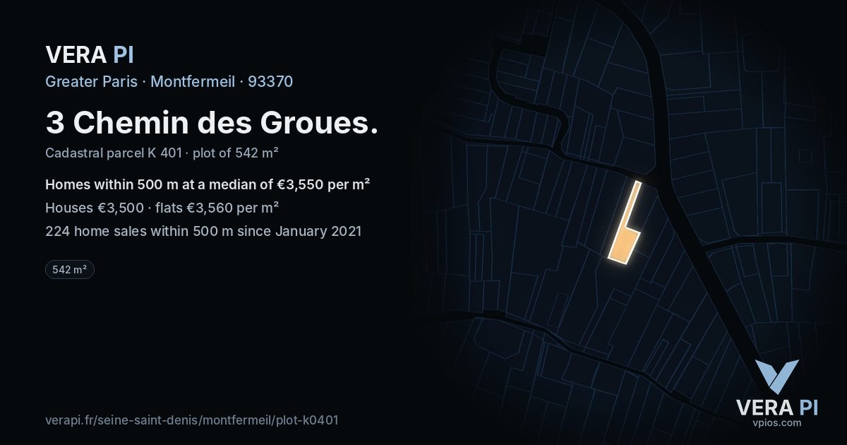 3 Chemin des Groues, Montfermeil at night – the plot lit, the parcels around coloured by the prices near them