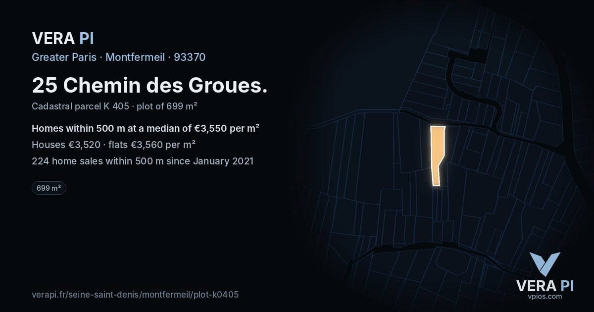 25 Chemin des Groues, Montfermeil at night – the plot lit, the parcels around coloured by the prices near them