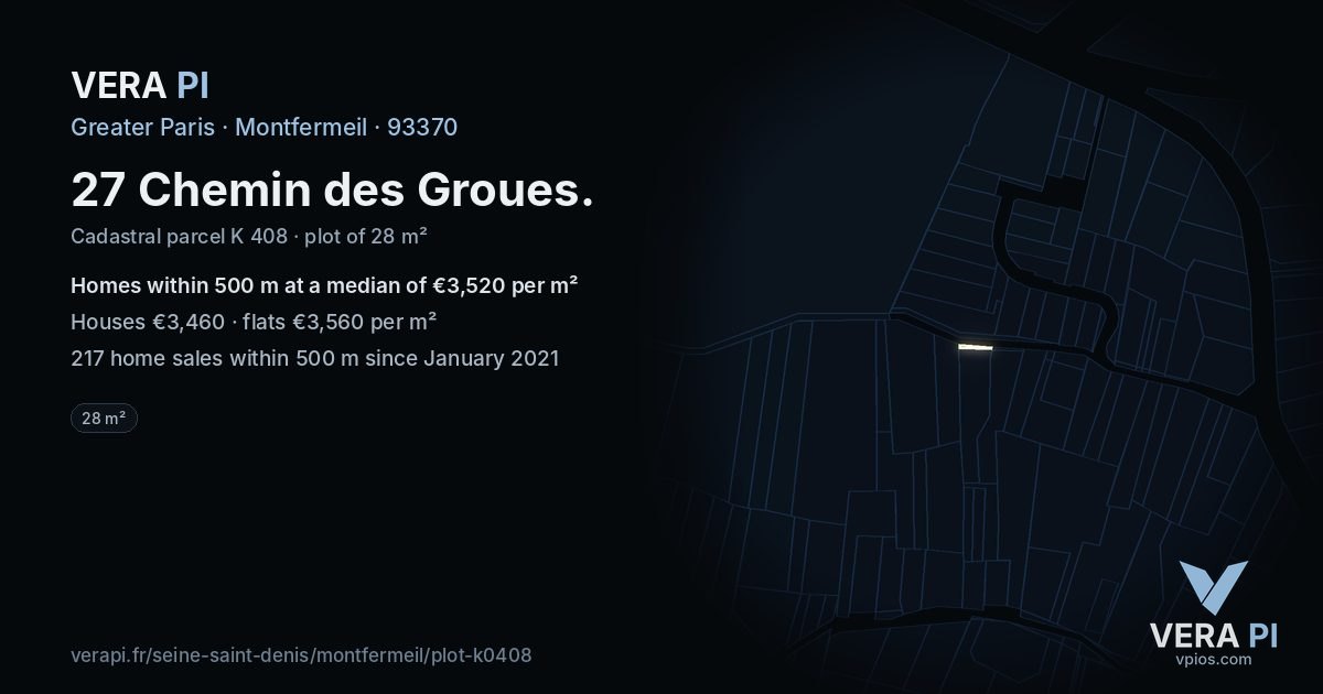 27 Chemin des Groues, Montfermeil at night – the plot lit, the parcels around coloured by the prices near them