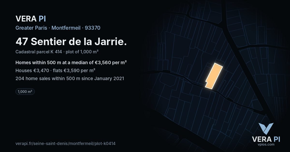 47 Sentier de la Jarrie, Montfermeil at night – the plot lit, the parcels around coloured by the prices near them