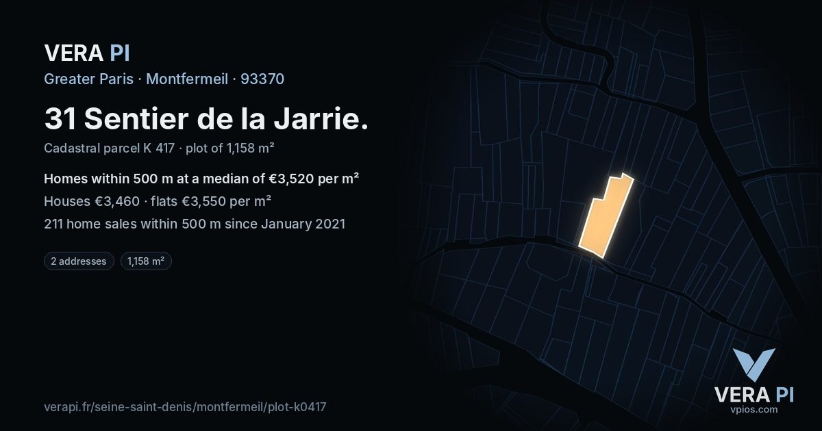31 Sentier de la Jarrie, Montfermeil at night – the plot lit, the parcels around coloured by the prices near them