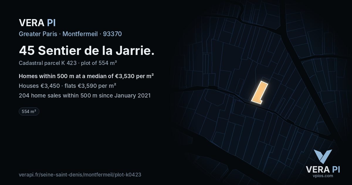 45 Sentier de la Jarrie, Montfermeil at night – the plot lit, the parcels around coloured by the prices near them