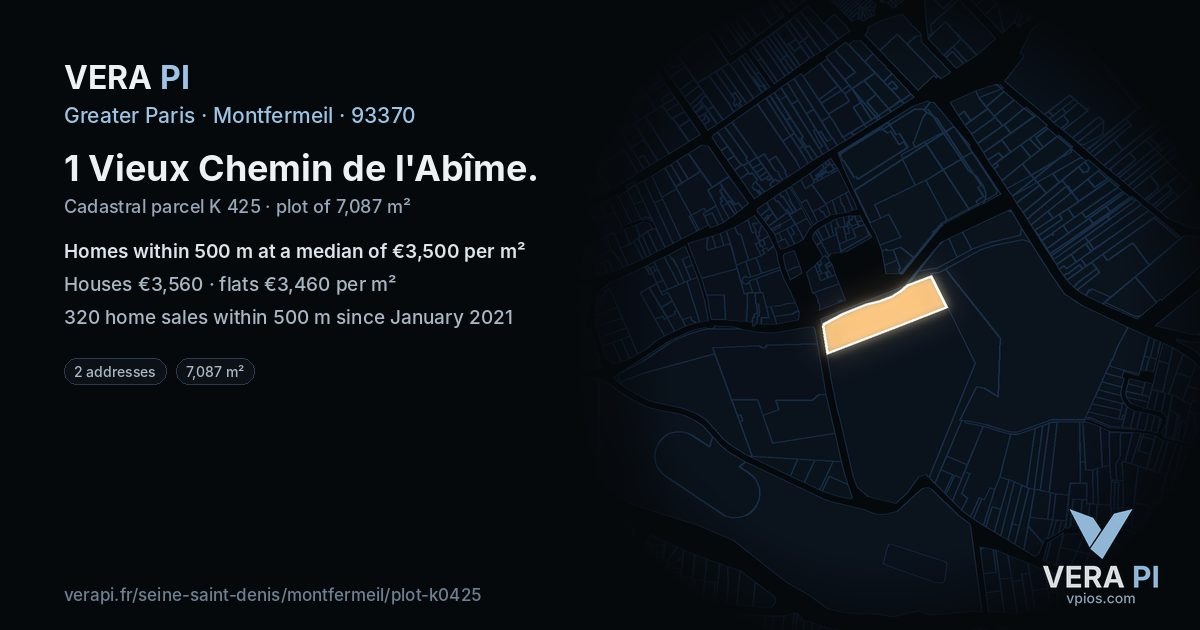 1 Vieux Chemin de l'Abîme, Montfermeil at night – the plot lit, the parcels around coloured by the prices near them