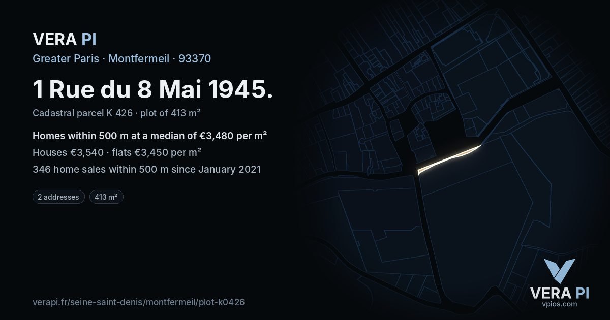 1 Rue du 8 Mai 1945, Montfermeil at night – the plot lit, the parcels around coloured by the prices near them