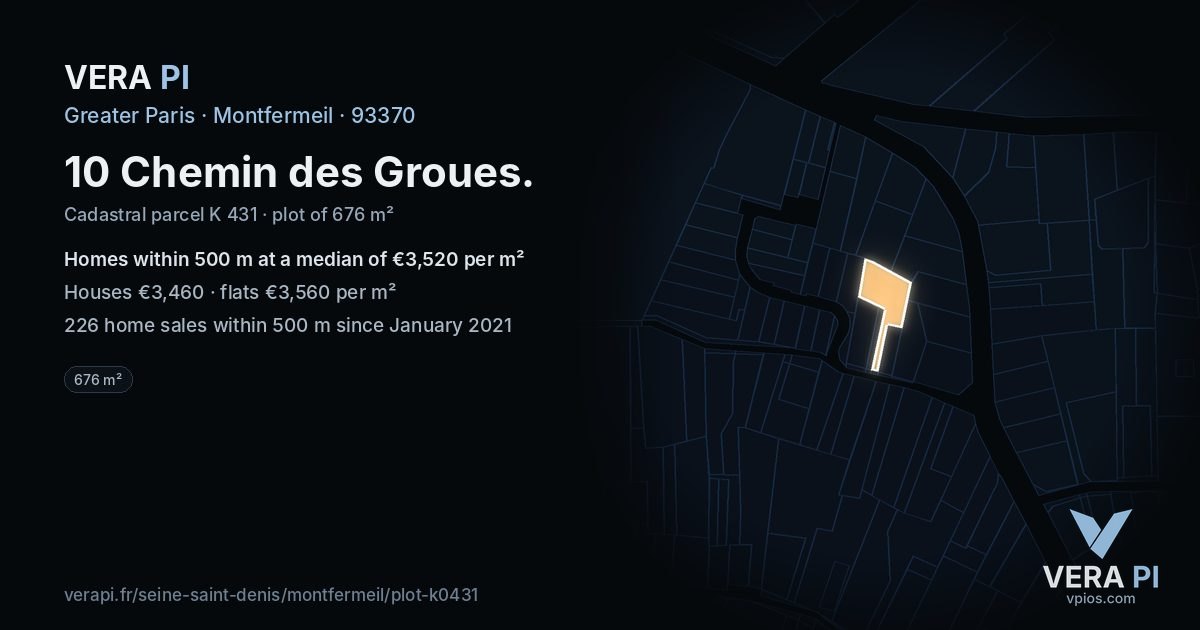 10 Chemin des Groues, Montfermeil at night – the plot lit, the parcels around coloured by the prices near them