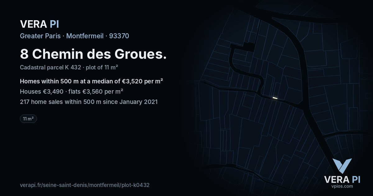 8 Chemin des Groues, Montfermeil at night – the plot lit, the parcels around coloured by the prices near them