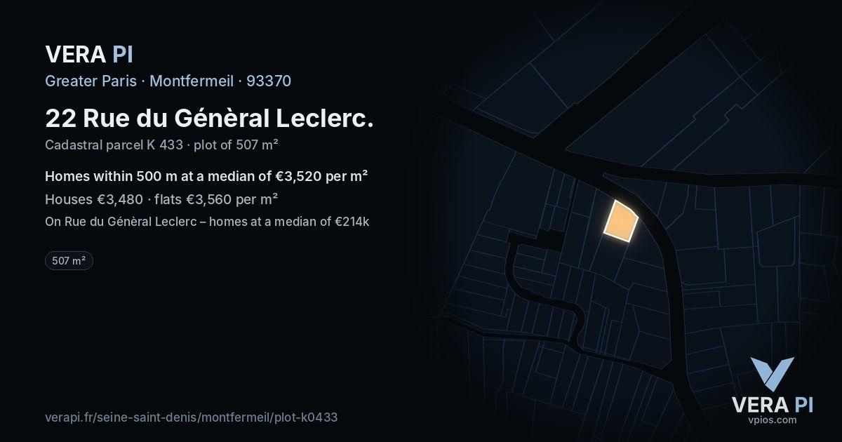 22 Rue du Génèral Leclerc, Montfermeil at night – the plot lit, the parcels around coloured by the prices near them