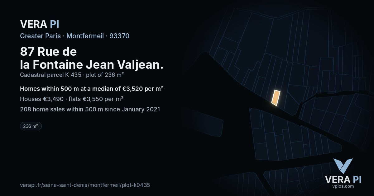 87 Rue de la Fontaine Jean Valjean, Montfermeil at night – the plot lit, the parcels around coloured by the prices near them