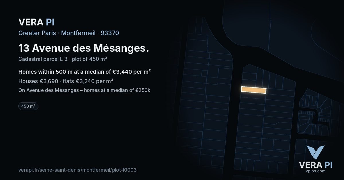 13 Avenue des Mésanges, Montfermeil at night – the plot lit, the parcels around coloured by the prices near them