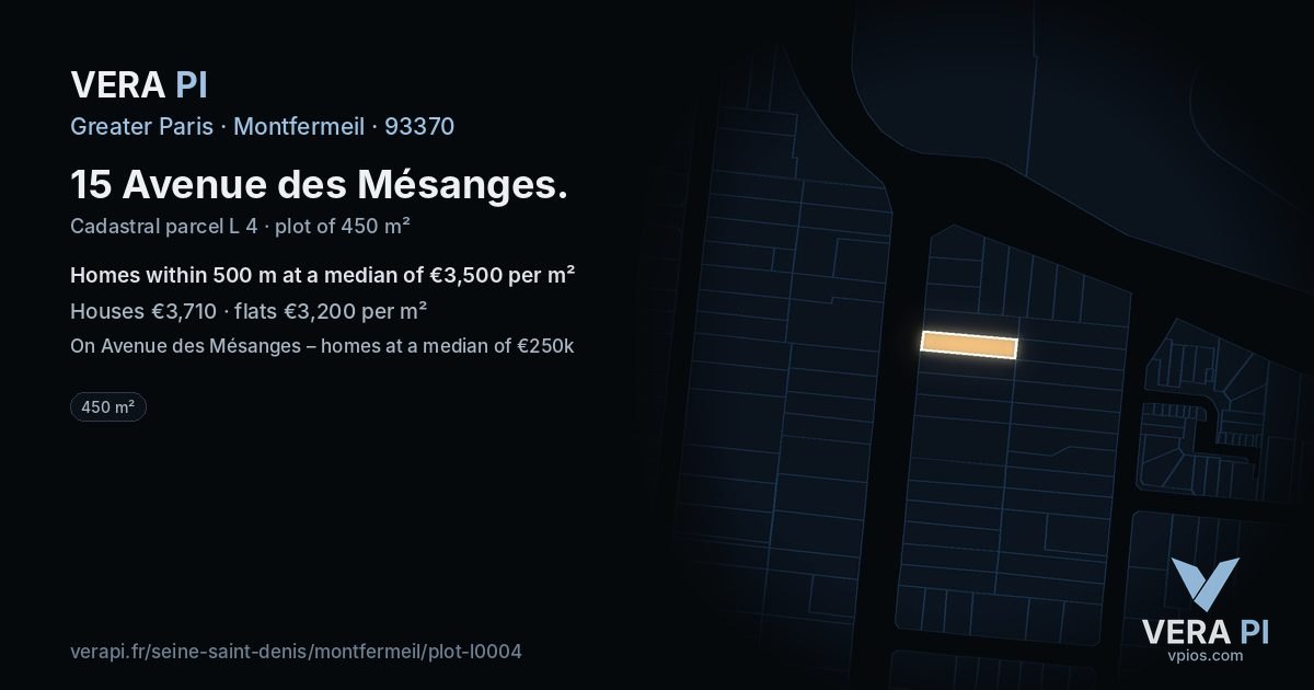 15 Avenue des Mésanges, Montfermeil at night – the plot lit, the parcels around coloured by the prices near them