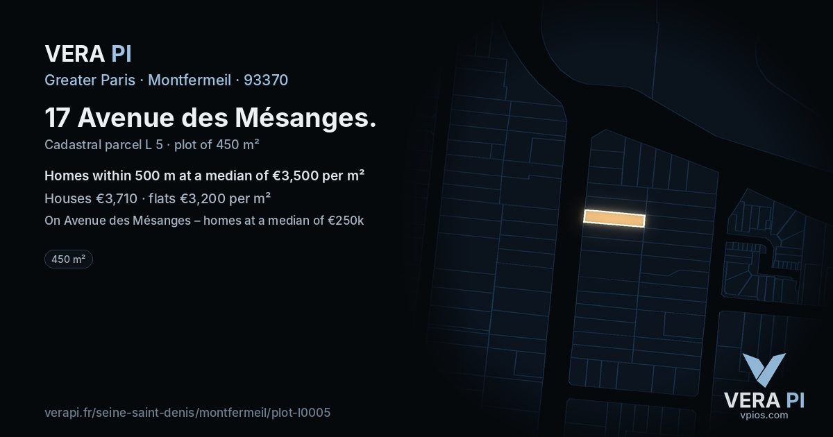 17 Avenue des Mésanges, Montfermeil at night – the plot lit, the parcels around coloured by the prices near them
