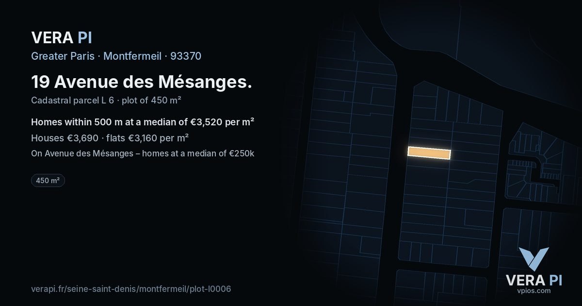 19 Avenue des Mésanges, Montfermeil at night – the plot lit, the parcels around coloured by the prices near them