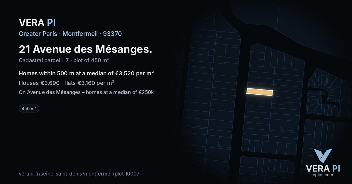 21 Avenue des Mésanges, Montfermeil at night – the plot lit, the parcels around coloured by the prices near them