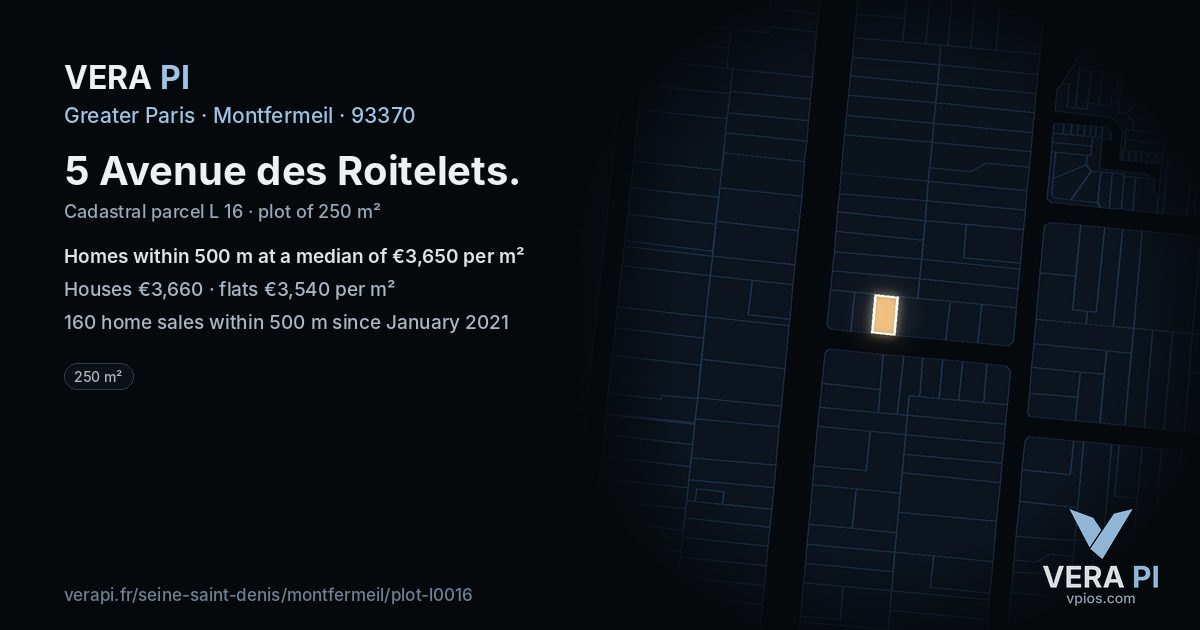 5 Avenue des Roitelets, Montfermeil at night – the plot lit, the parcels around coloured by the prices near them
