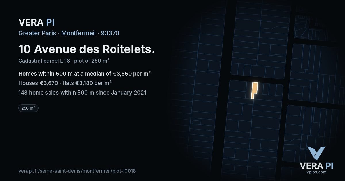 10 Avenue des Roitelets, Montfermeil at night – the plot lit, the parcels around coloured by the prices near them