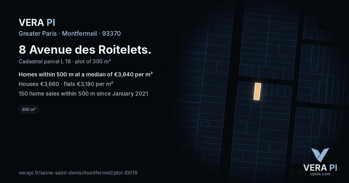 8 Avenue des Roitelets, Montfermeil at night – the plot lit, the parcels around coloured by the prices near them