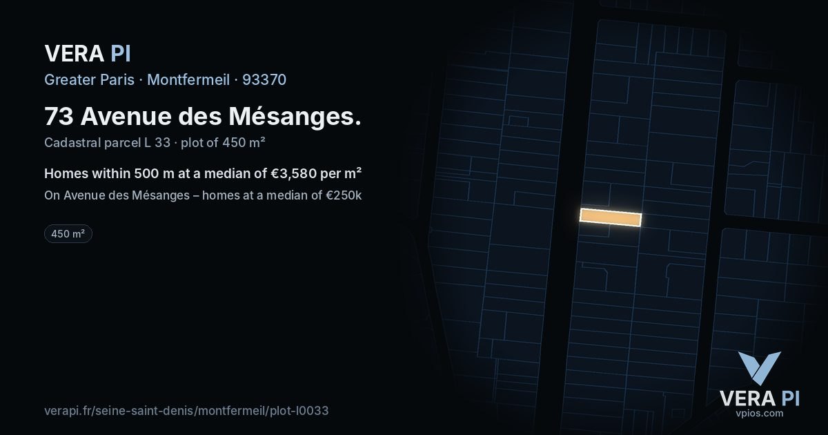 73 Avenue des Mésanges, Montfermeil at night – the plot lit, the parcels around coloured by the prices near them