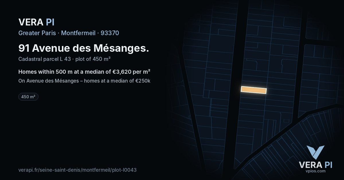 91 Avenue des Mésanges, Montfermeil at night – the plot lit, the parcels around coloured by the prices near them