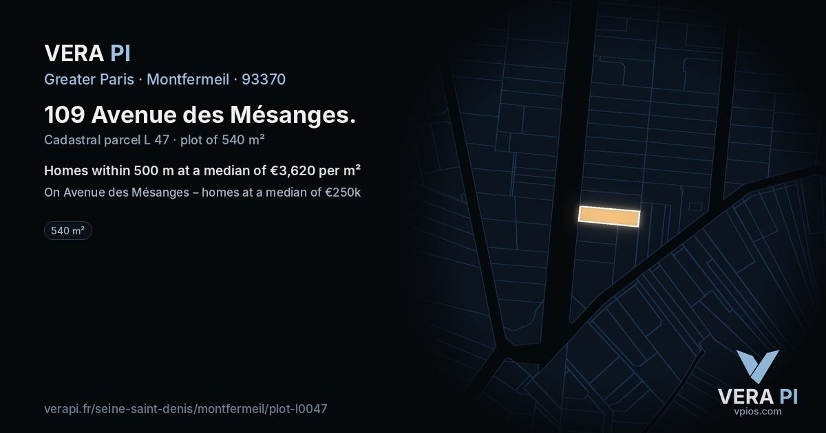 109 Avenue des Mésanges, Montfermeil at night – the plot lit, the parcels around coloured by the prices near them