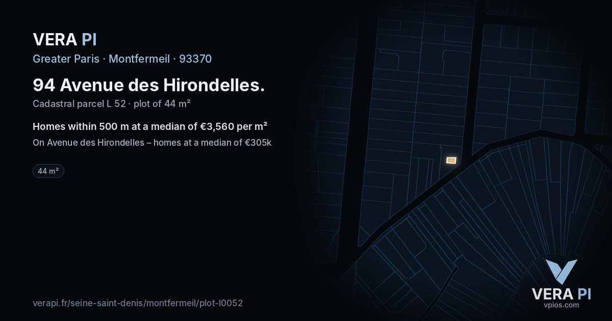 94 Avenue des Hirondelles, Montfermeil at night – the plot lit, the parcels around coloured by the prices near them