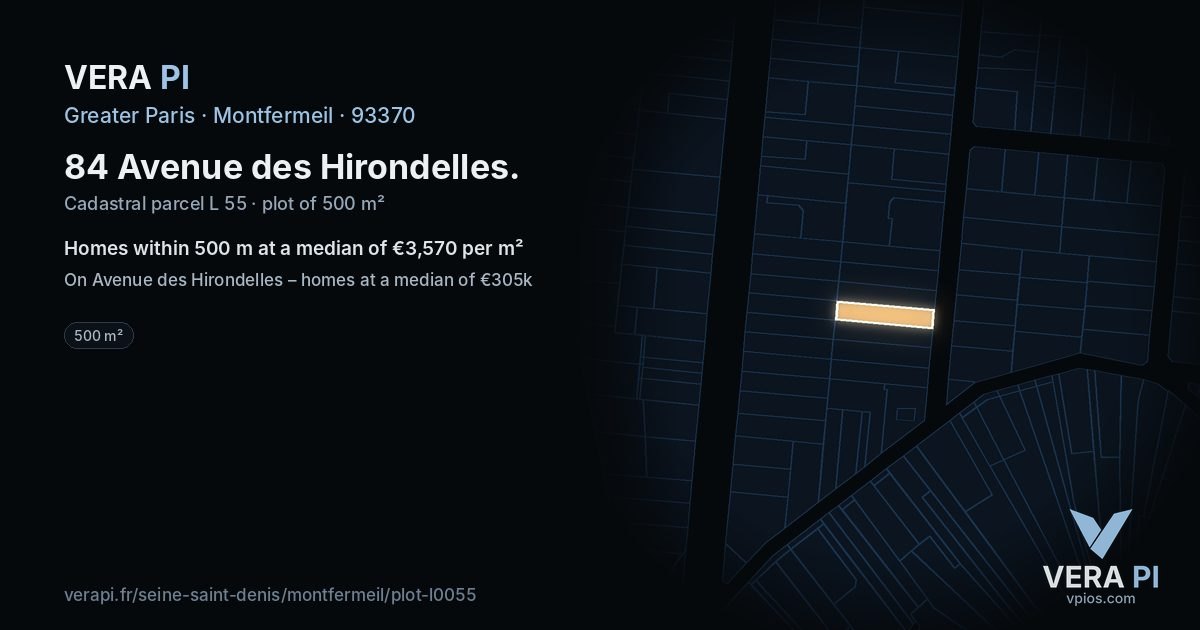 84 Avenue des Hirondelles, Montfermeil at night – the plot lit, the parcels around coloured by the prices near them