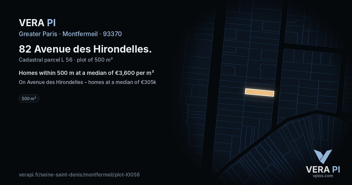 82 Avenue des Hirondelles, Montfermeil at night – the plot lit, the parcels around coloured by the prices near them