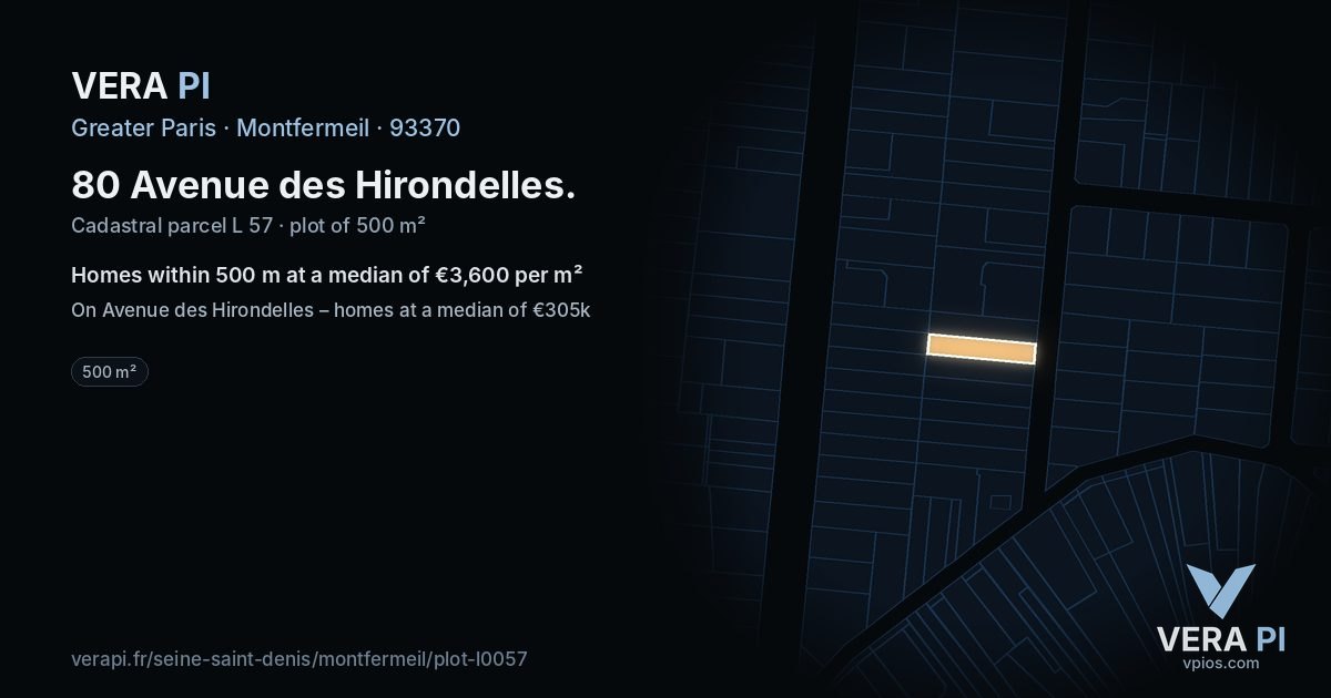 80 Avenue des Hirondelles, Montfermeil at night – the plot lit, the parcels around coloured by the prices near them