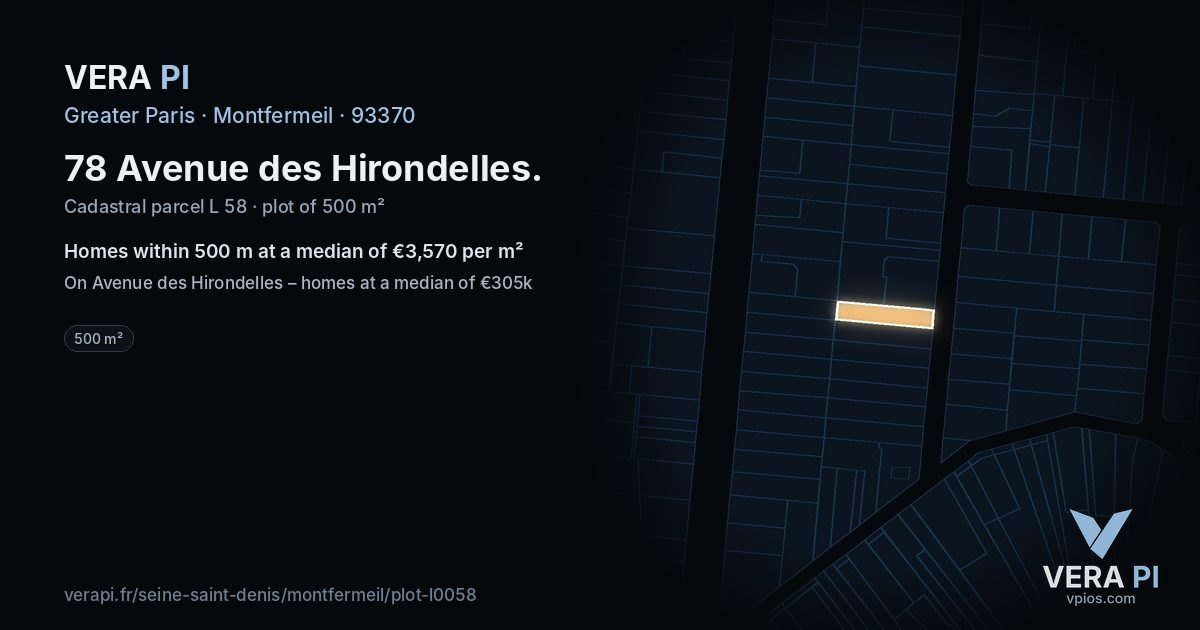 78 Avenue des Hirondelles, Montfermeil at night – the plot lit, the parcels around coloured by the prices near them
