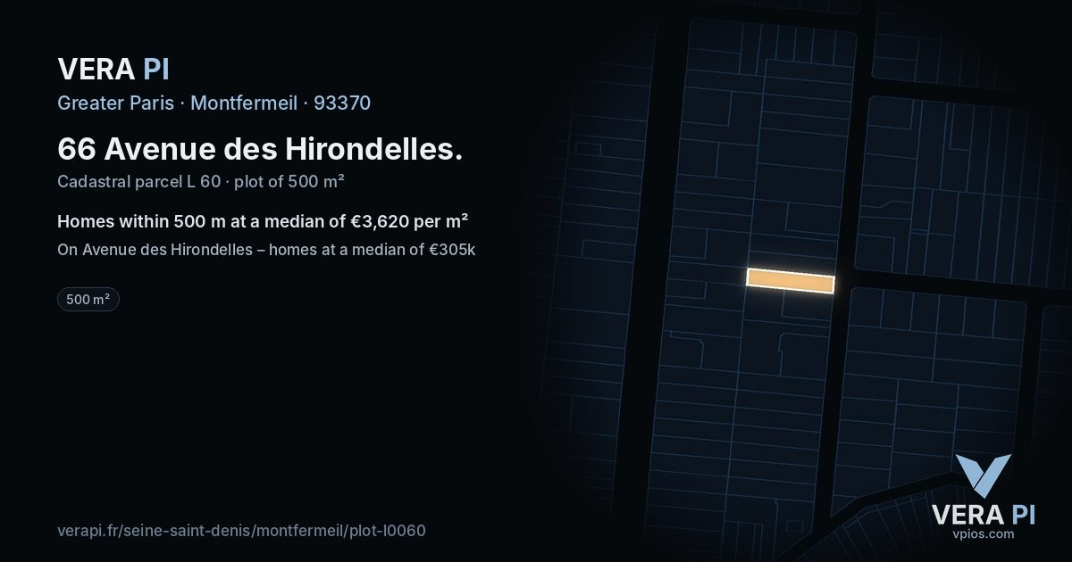 66 Avenue des Hirondelles, Montfermeil at night – the plot lit, the parcels around coloured by the prices near them