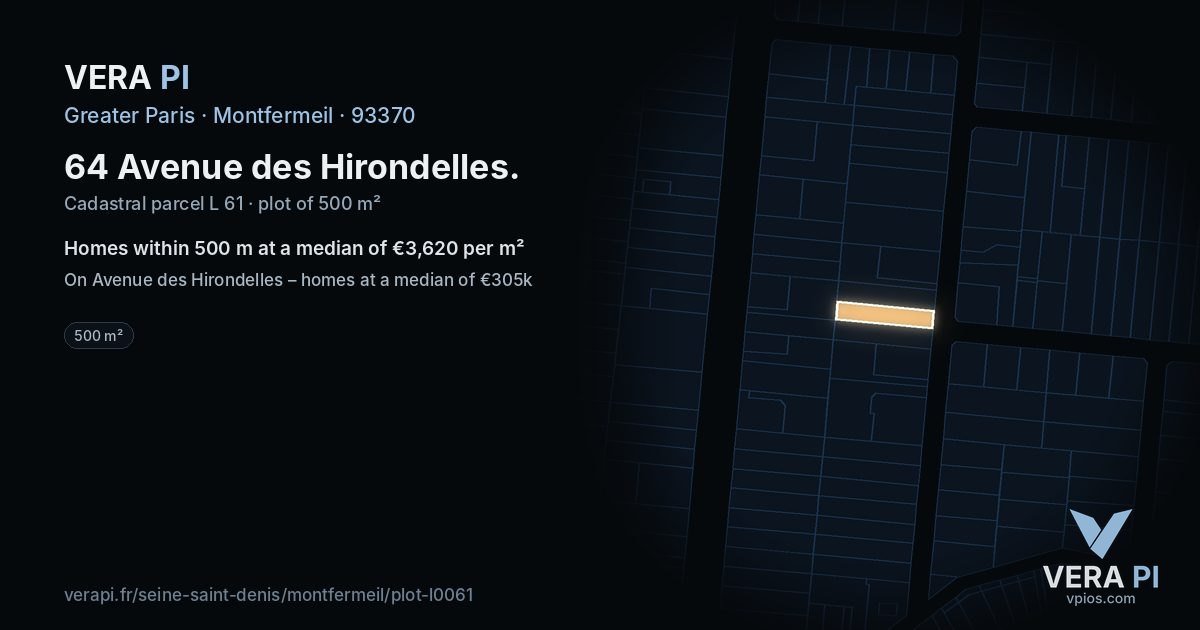 64 Avenue des Hirondelles, Montfermeil at night – the plot lit, the parcels around coloured by the prices near them