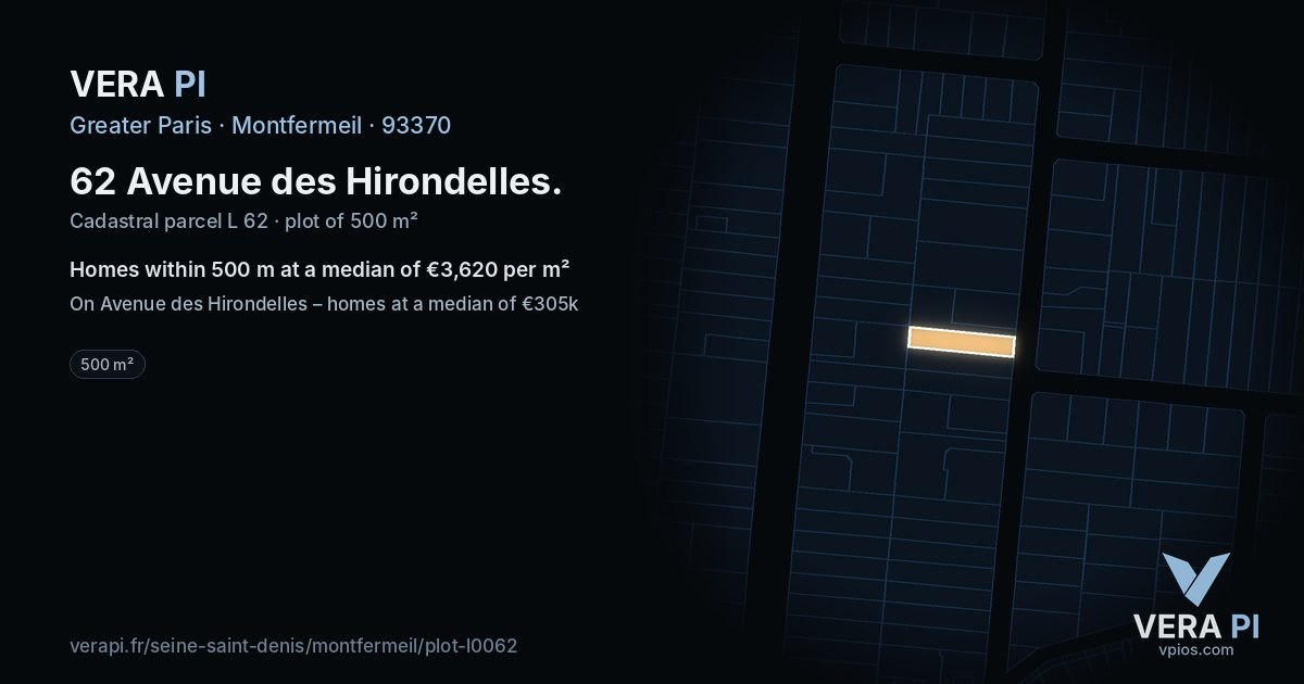 62 Avenue des Hirondelles, Montfermeil at night – the plot lit, the parcels around coloured by the prices near them