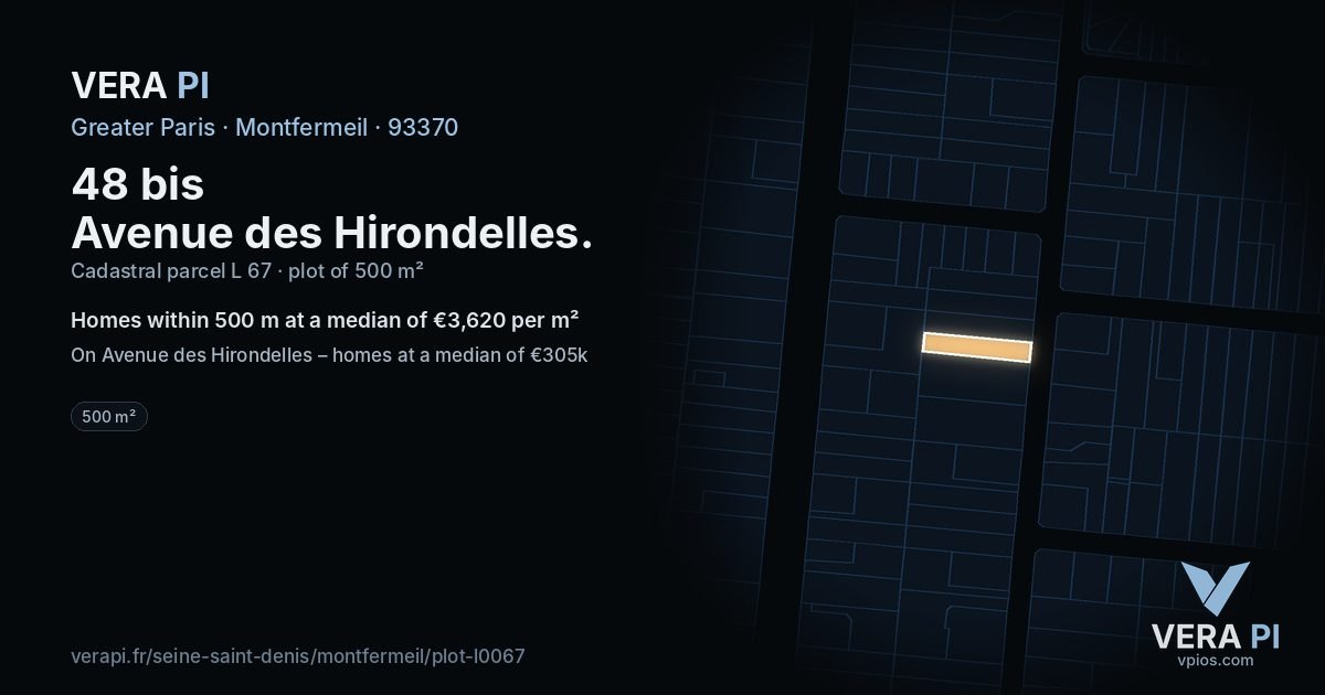 48 bis Avenue des Hirondelles, Montfermeil at night – the plot lit, the parcels around coloured by the prices near them