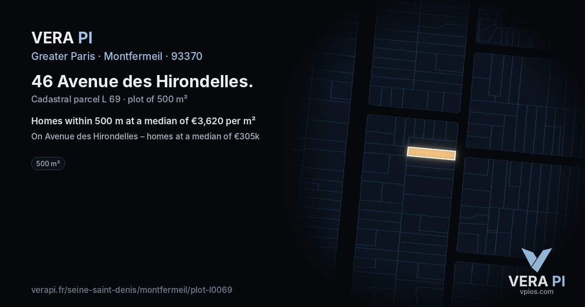 46 Avenue des Hirondelles, Montfermeil at night – the plot lit, the parcels around coloured by the prices near them